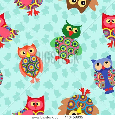 Likable colourful stripy owls on the background with many stylized simple owls seamless vector pattern