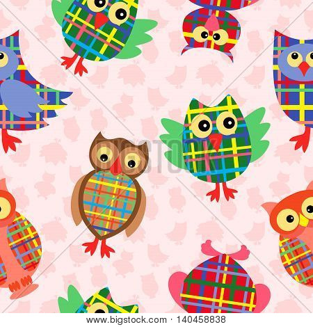 Likable colourful checkered owls on the pink background with many stylized simple owls seamless vector pattern