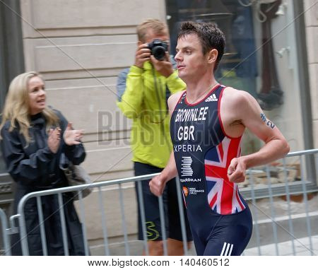 STOCKHOLM - JUL 02 2016: Side view of running triathlete Jonathan Brownlee in the Men's ITU World Triathlon series event July 02 2016 in Stockholm Sweden