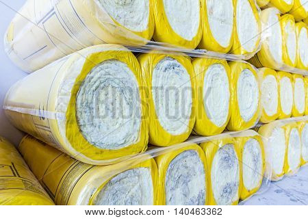 Package of thermal insulation material rock wool is wrapped in foil.