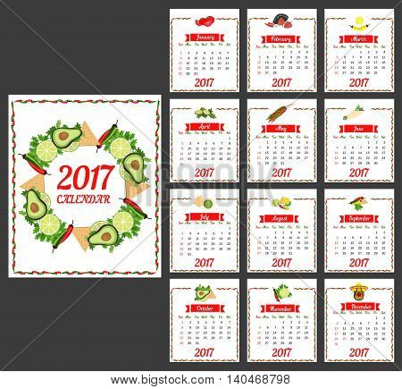 2017 Calendar. Template of calendar with hot chili pepper border in colors of Mexican flag and set of vegetables. Design idea for advertising. Week starts Sunday. Easy to edit. Vector illustration