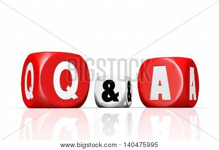 3D illustration of Red and white questions and answers dices with reflection on white background