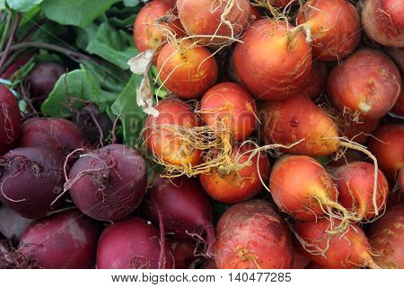 Golden and red beets for sale at a Farmer's Market