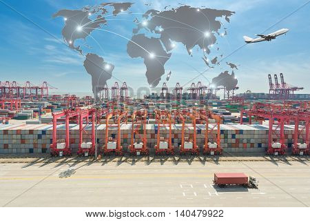 Map global partner connection of Container Cargo freight ship for Logistic Import Export background (Elements of this image furnished by NASA)