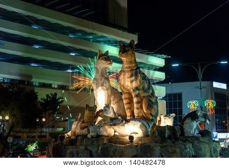 Cats Monument At Center Of Kuching At Night