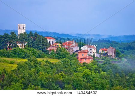 Village of Oprtalj in green hills of Istria Croatia