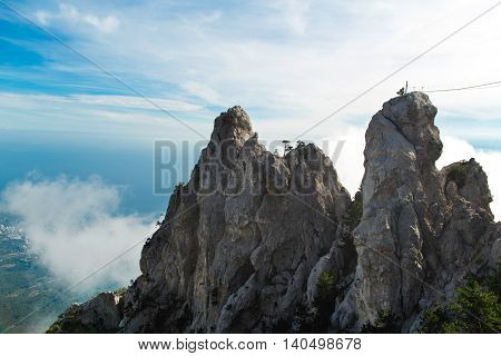 hanging bridge in the mountains on the blue sky
