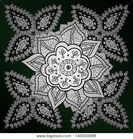 Flowers pattern on gark green gradient background. Vector illustration