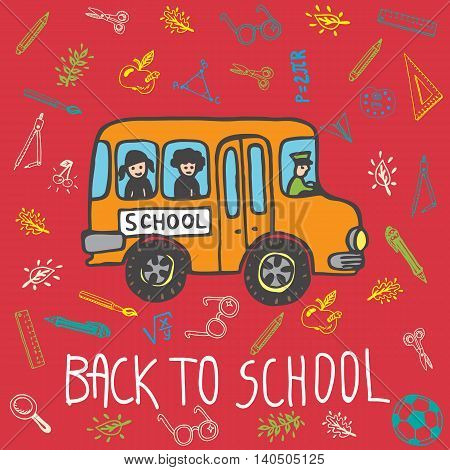 Back to school hand drawn doodle card with school bus and other school facilities. The school bus on red background