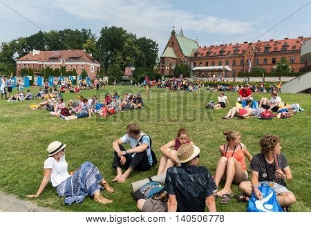 CRACOW POLAND - JULY 26 2016: World Youth Day 2016 - Pilgrims in the Sanctuary of Divine Mercy in Lagiewniki. Cracow Poland