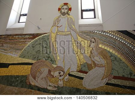 CRACOW POLAND - APRIL 29 2016: Interior of the main upper church in Centre of the Pope John Paul II in Cracow Poland