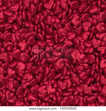 3d rendering heap of hearts pattern backdrop. Red volumetric randomly scattered figures.