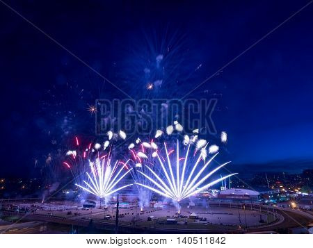 CALGARY, CANADA - JULY 8: Fireworks at the the Calgary Stampede at sunset on July 8, 2016 in Calgary, Alberta. The Calgary Stampede is often called the greatest outdoor show on Earth.