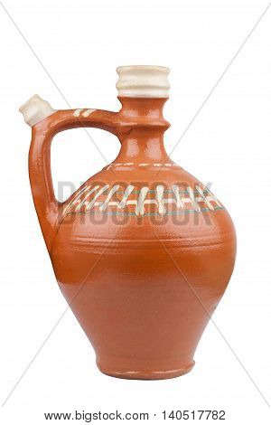 Traditional Romanian clay recipient with handle isolated on white background