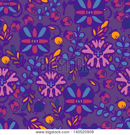 Seamless floral pattern stylized silhouettes of flowers and berries on a purple background