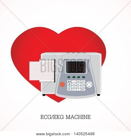 ECG or EKG machine with an integrated printer and print-out and Screen shows three graphs on shaped heart background equipment electronic health care flat design vector illustration.