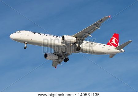 SAINT PETERSBURG, RUSSIA - FEBRUARY 17, 2016: Aircraft Airbus A321-231 (TC-JMH) Turkish airlines before landing in Pulkovo airport