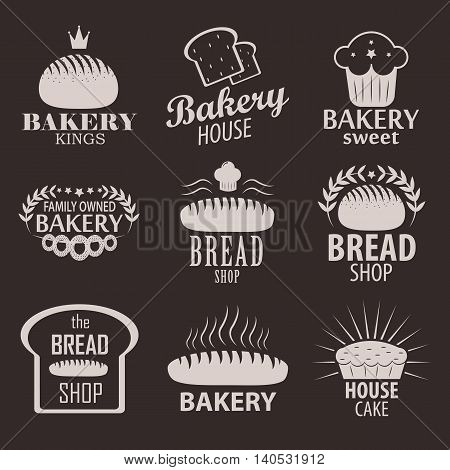 Set of bakery or cakery and bread shop logos, badges, labels and design elements.