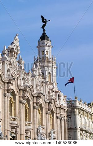 Gran Teatro in Havana Cuba with the fascade view and national cuba flag