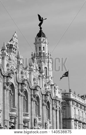Gran Teatro in Havana Cuba with the fascade view and national cuba flag - bw