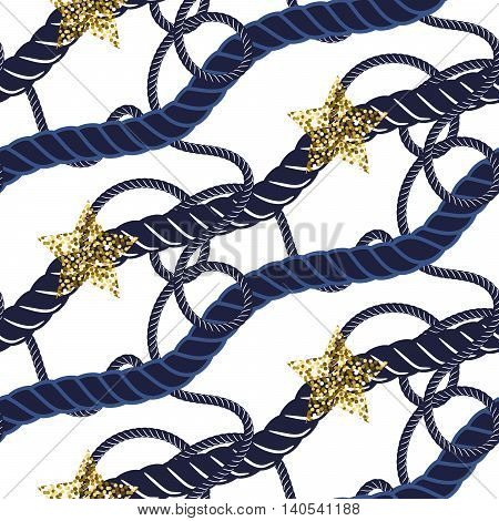 Marine navy blue rope knot seamless pattern with gold star. Rope string diagonal lines on white. Glitter accents.