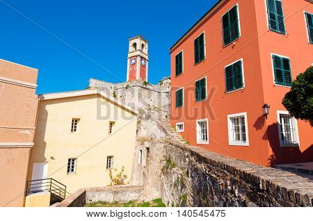 The clock tower at the Old Fortress of Corfu. Greece.