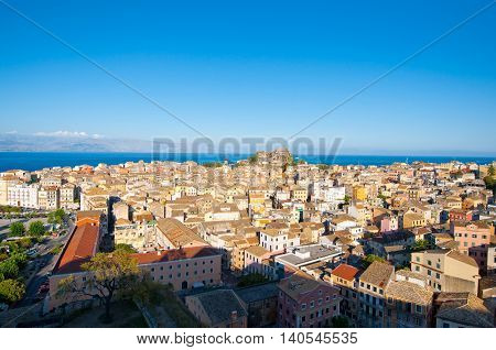 CORFU-AUGUST 22: Panoramic view of Corfu city and the Albanian coast on the background seen the New Fortress on August 22 2014 on Corfu island Greece.