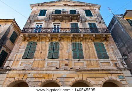 Facade of the typical Venetian building in Kerkyra city on the island of Corfu Greece.