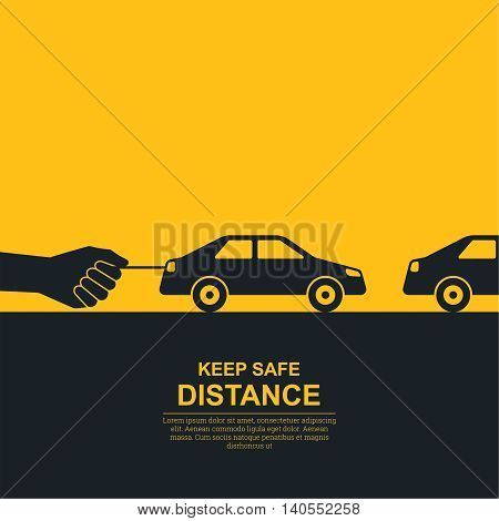 The hand constraining car speed symbolizes increase in distance between vehicles reduction of speed. The concept of safety and fail-safety on roads observance of traffic regulations. A vector illustration in flat style.