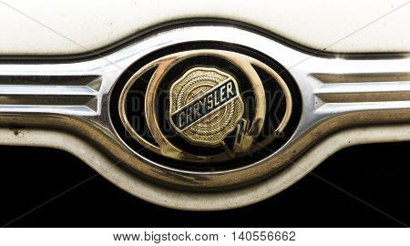 Kazakhstan, Ust-Kamenogorsk, july 30, 2016: Chrysler - American automobile company. Nameplate of Chrysler, chrysler sign