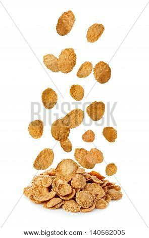 Falling Flakes, Breakfast Cereal Isolated On White Background. Healthy Breakfast.