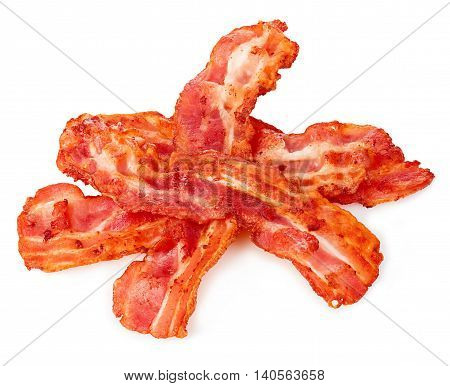Cooked Bacon Rashers Close-up Isolated On A White Background.