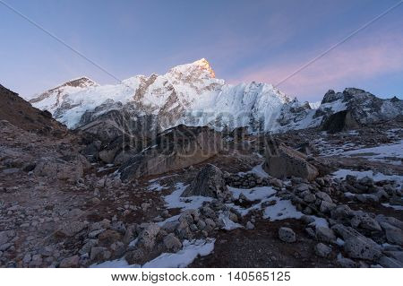 Evening view of Nuptse from Khumbu Glacier near Gorak Shep Solukhumbu Nepal.