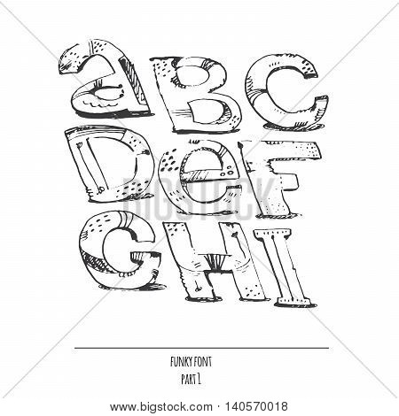 English hand drawn funky font from a to i. Calligraphy made with nib. Decorated grunge alphabet painted in freehand style. Isolated on white background vector illustration