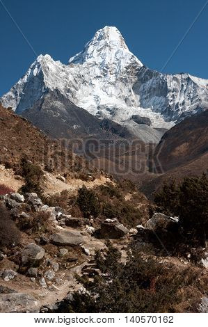 Ama Dablam from trekking route to Everest Pangboche Solukhumbu Nepal.