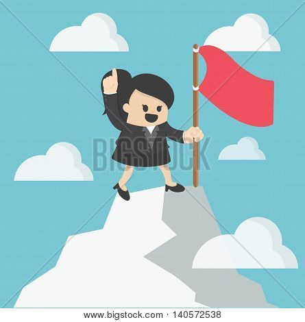 Woman flag on th to the mountain top. Reaching the goal concept vector illustration