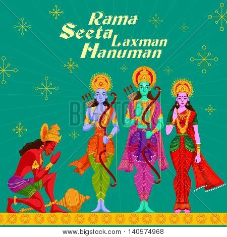Indian God Rama Laxman and Sita with Hanuman. Vector illustration