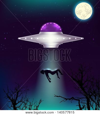 Fantastic background with UFO abducts a man. Vector illustration.