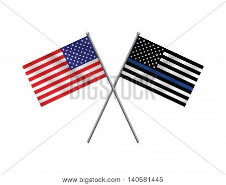 An American flag and police support flag isolated on a white background. Vector EPS 10 available.