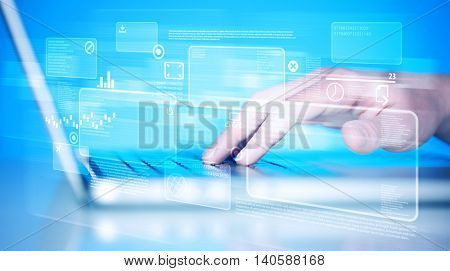 Hand touching keyboard with high tech button screen