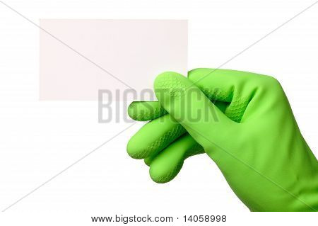 De la mano de verde guante mostrando tarjetas
