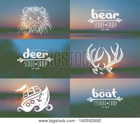 Set of elements in hand-drawn style: bear deer horn boat. Graphic design for t-shirt. And blurred backgrounds