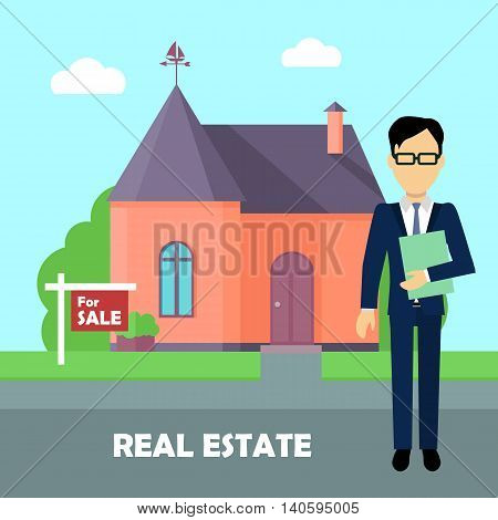 Real estate broker at work. Real estate agent, house building, property home, realtor and rent, sale housing, buy apartment. Part of series of modern buildings in flat design style. Vector
