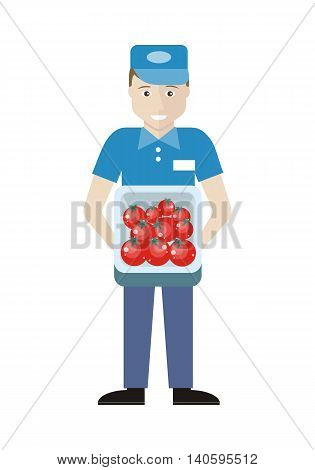 Profession series. Young man sales assistant, merchandiser with tomatoes in track. Seller holds box in his hands. Shop assistant isolated on white. Salesman on his working place. Vector illustration