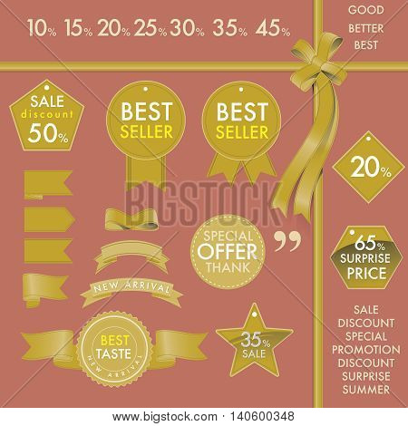 Vector element design set of golden commercial labels and ribbon templates on best seller concept. This vector file is organized in layers to separate Graphic elements from Text label and background color.