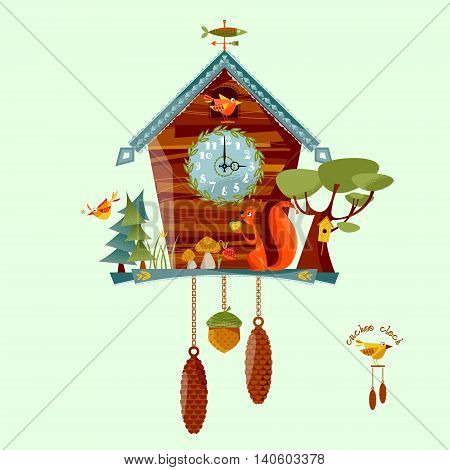 Cuckoo clock with a squirrel trees berries mushrooms. Rural style. Vector illustration.