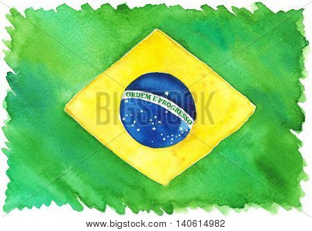 Watercolor Brazil Brazilian national flag. Ordem e progresso. Order and progress.