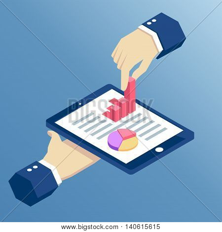 isometric hand holds the tablet and pulls from it a bar graph isometric design infographic on tablet with hands business concept web analytics
