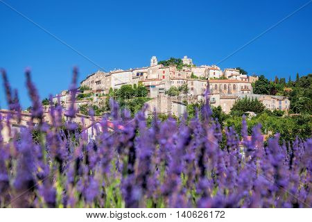 Simiane La Rotonde Village With Lavender Field In Provence, France
