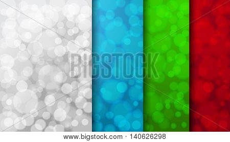 Set of colored blurred backgrounds with twinkly lights. Silver, blue, green and red vector illustrations.